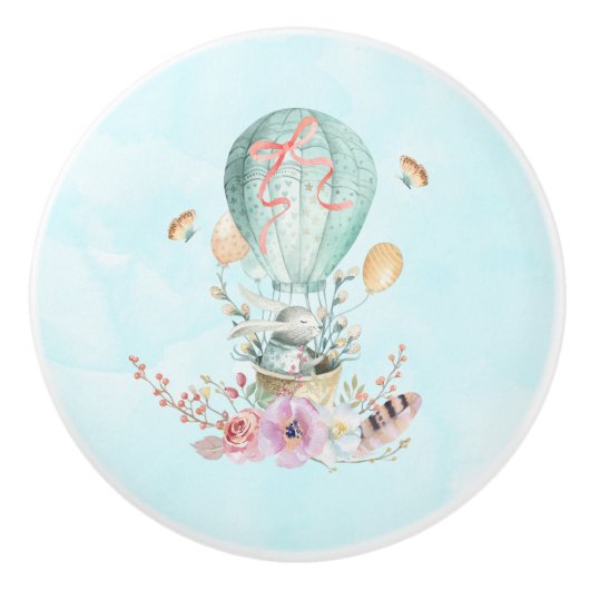 Whimsical Bunny Riding in een luchtballon Keramische Knop (Voorkant)