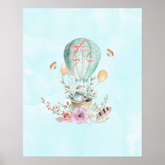 Whimsical Bunny Riding in een luchtballon Poster (Voorkant)
