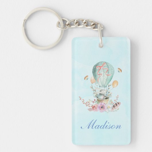Whimsical Bunny Riding in een luchtballon Sleutelhanger (Voorkant)