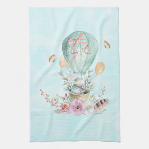 Whimsical Bunny Riding in een luchtballon Theedoek