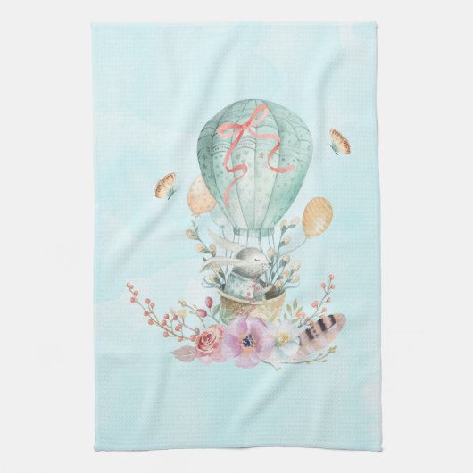 Whimsical Bunny Riding in een luchtballon Theedoek (Verticaal)