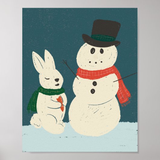 Whimsical Bunny & Snowman Art Print Poster (Voorkant)
