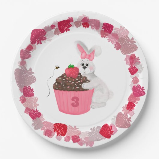 Whimsical Bunny & Strawberry Cupcake Birthday Papieren Bordje (Voorkant)