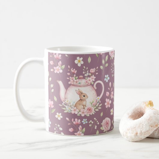 Whimsical Bunny Teapot Floral Spring  Koffiemok (Met donut)