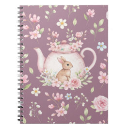 Whimsical Bunny Teapot Floral Spring Notebook Notitieboek