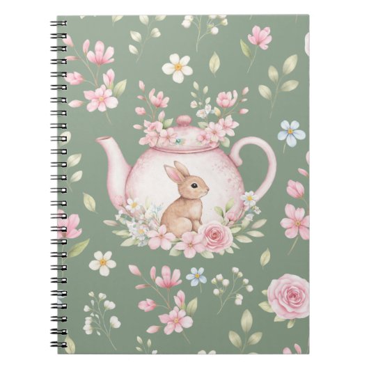 Whimsical Bunny Teapot Floral Spring Notebook Notitieboek (Voorkant)