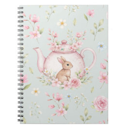Whimsical Bunny Teapot Floral Spring Notebook Notitieboek