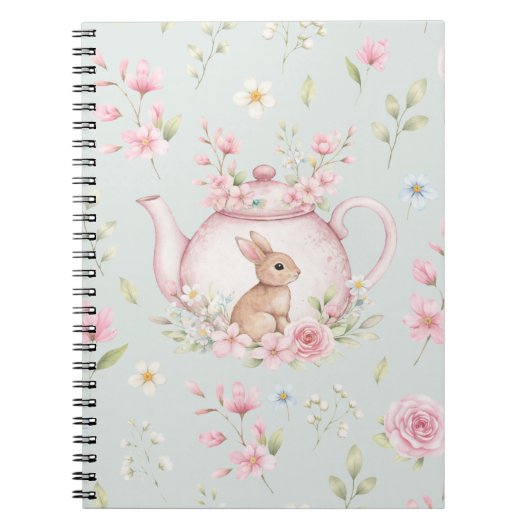 Whimsical Bunny Teapot Floral Spring Notebook Notitieboek (Voorkant)
