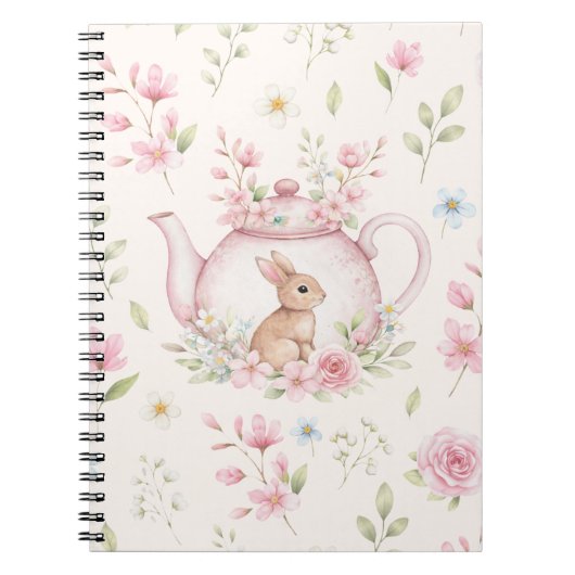 Whimsical Bunny Teapot Floral Spring Notebook Notitieboek (Voorkant)