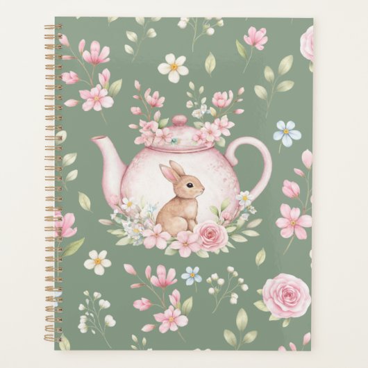 Whimsical Bunny Teapot Floral Spring Notebook Planner (Voorkant)
