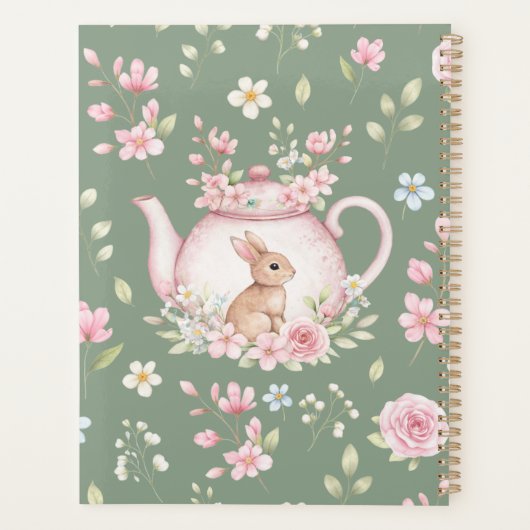 Whimsical Bunny Teapot Floral Spring Notebook Planner (Achterkant)