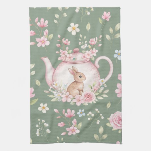 Whimsical Bunny Teapot Floral Spring  Theedoek (Verticaal)