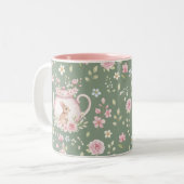 Whimsical Bunny Teapot Floral Spring Tweekleurige Koffiemok (Voorkant links)