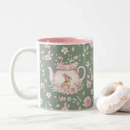 Whimsical Bunny Teapot Floral Spring  Tweekleurige Koffiemok
