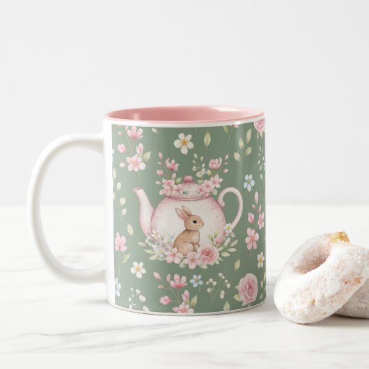 Whimsical Bunny Teapot Floral Spring Tweekleurige Koffiemok (Met donut)