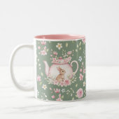 Whimsical Bunny Teapot Floral Spring Tweekleurige Koffiemok (Links)
