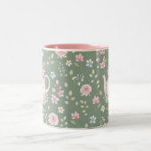 Whimsical Bunny Teapot Floral Spring Tweekleurige Koffiemok (Center)