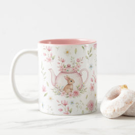 Whimsical Bunny Teapot Floral Spring  Tweekleurige Koffiemok