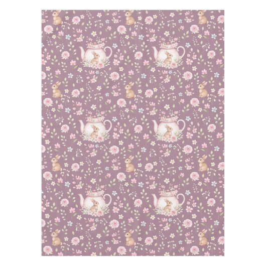 Whimsical Bunny Teapot Spring Floral Pattern Tafelkleed (Voorkant)