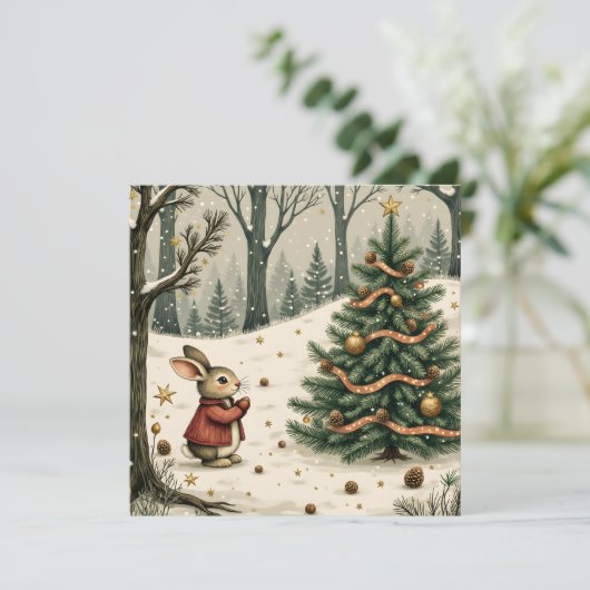 Whimsical Bunny with Christmas Tree in Forest Flat Feestdagenkaart (Staand voorkant)