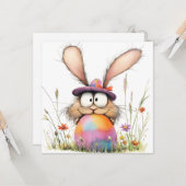 Whimsical Bunny with Decorated Egg Easter Greeting Kaart (Voorkant / Achterkant in situ)