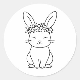 Whimsical Bunny with Floral Crown Line Art  Ronde Sticker