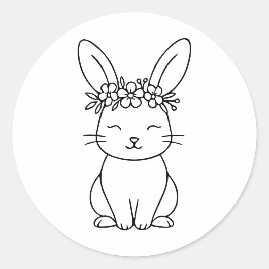Whimsical Bunny with Floral Crown Line Art Ronde Sticker (Voorkant)