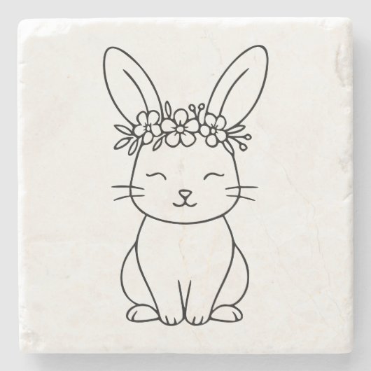 Whimsical Bunny with Floral Crown Line Art  Stenen Onderzetter (Voorkant)