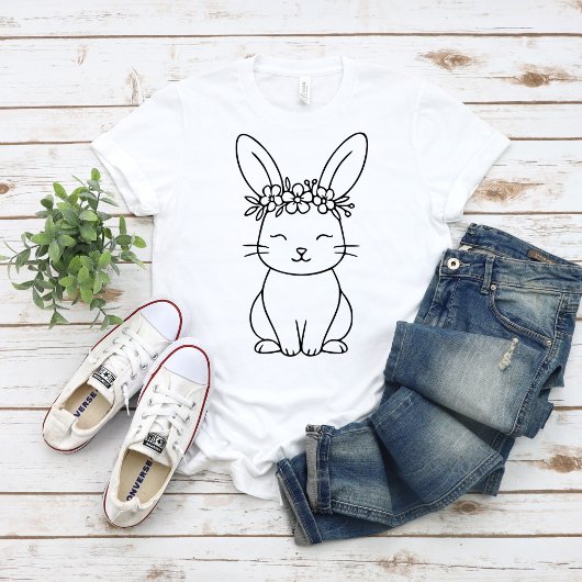 Whimsical Bunny with Floral Crown Line Art  T-shirt
