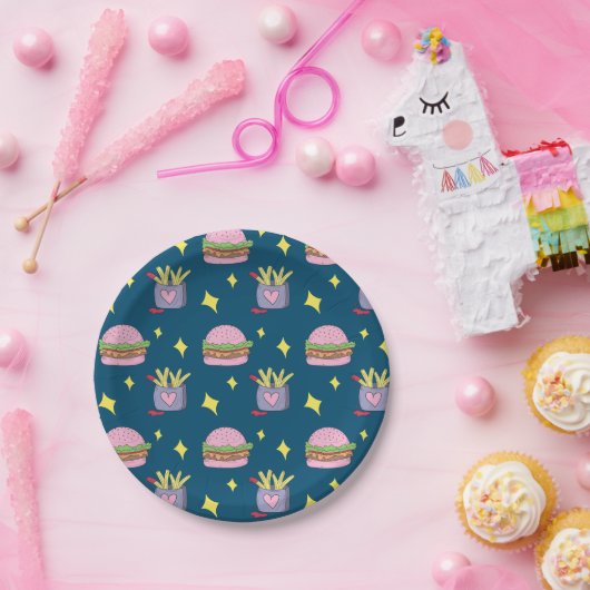 Whimsical Burger en Fries Fastfood Patroon Papieren Bordje (Feest)