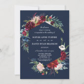 Whimsical Burgundy Blush Flowers Navy Blue Wedding Kaart (Voorkant)