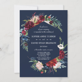 Whimsical Burgundy Blush Flowers Navy Blue Wedding Kaart