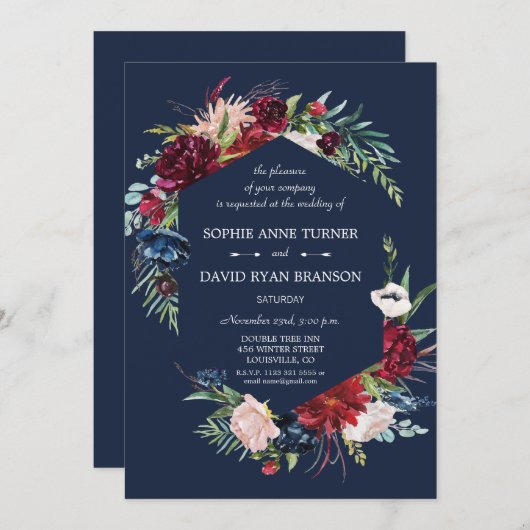 Whimsical Burgundy Blush Flowers Navy Blue Wedding Kaart (Voorkant / Achterkant)