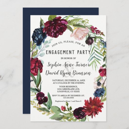 Whimsical Burgundy Blush Flowers Navy Blue Wedding Kaart (Voorkant / Achterkant)