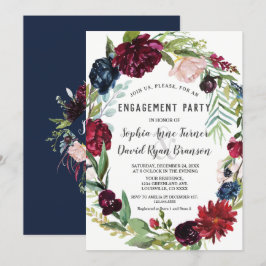Whimsical Burgundy Blush Flowers Navy Blue Wedding Kaart