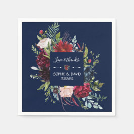 Whimsical Burgundy Blush Flowers Navy Blue Wedding Servet