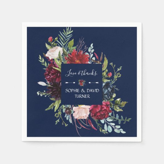 Whimsical Burgundy Blush Flowers Navy Blue Wedding Servet (Voorkant)