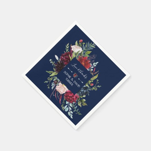 Whimsical Burgundy Blush Flowers Navy Blue Wedding Servet (Hoek)