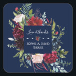 Whimsical Burgundy Blush Flowers Navy Blue Wedding Vierkante Sticker<br><div class="desc">Een mooi ontwerp! Het is voorzien van prachtige blauwe roze, bruine, rode, marineblauwe waterverf bloemen, groene bladeren als een elegante kreet, moderne lettertypen, allemaal op een blauw marineklein. Op de achterkant een floreel lijst met bruine en bruine initialen. Het gebruik past hulpmiddel aan om uw info toe te voegen. Overeenkomende...</div>
