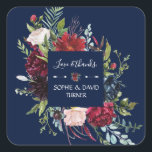 Whimsical Burgundy Blush Flowers Navy Blue Wedding Vierkante Sticker<br><div class="desc">Een mooi ontwerp! Het is voorzien van prachtige blauwe roze, bruine, rode, marineblauwe waterverf bloemen, groene bladeren als een elegante kreet, moderne lettertypen, allemaal op een blauw marineklein. Op de achterkant een floreel lijst met bruine en bruine initialen. Het gebruik past hulpmiddel aan om uw info toe te voegen. Overeenkomende...</div>