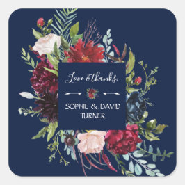 Whimsical Burgundy Blush Flowers Navy Blue Wedding Vierkante Sticker