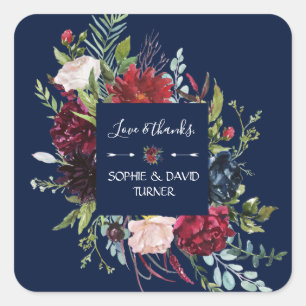 Whimsical Burgundy Blush Flowers Navy Blue Wedding Vierkante Sticker