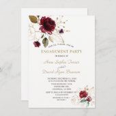 Whimsical Burgundy Gold Floral Monogram Verloving Kaart (Voorkant / Achterkant)
