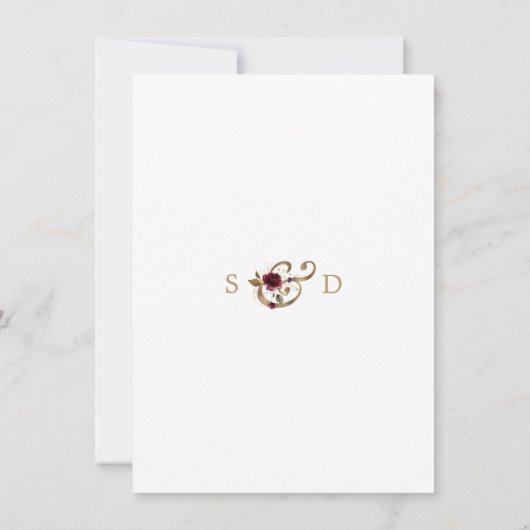 Whimsical Burgundy Gold Floral Monogram Verloving Kaart (Achterkant)