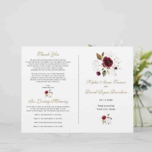 Whimsical Burgundy Gold Flowers Wedding Programme (Staand voorkant)