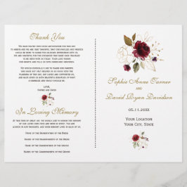 Whimsical Burgundy Gold Flowers Wedding Programme