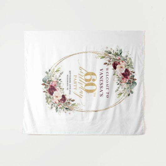 Whimsical Burgundy Gold Greenery 60th Birthday  Wandkleed (Voorkant (horizontaal))