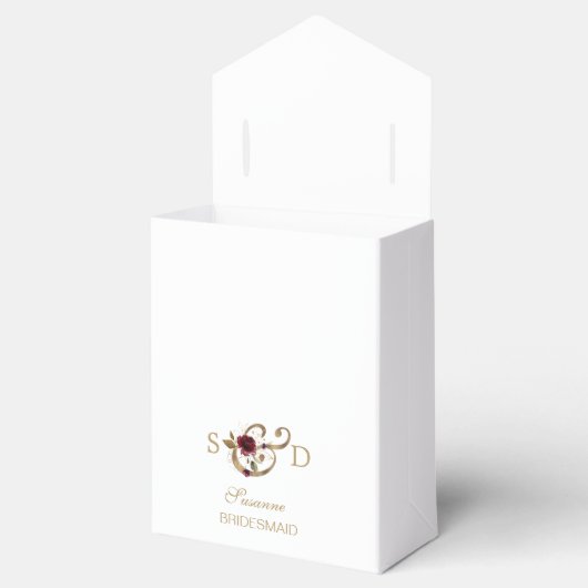 Whimsical Burgundy Gouden Bloemen Monogram Bruilof Bedankdoosjes (Geopend)