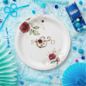 Whimsical Burgundy Gouden Bloemen Monogram Bruilof Papieren Bordje (Feest)