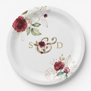 Whimsical Burgundy Gouden Bloemen Monogram Bruilof Papieren Bordje